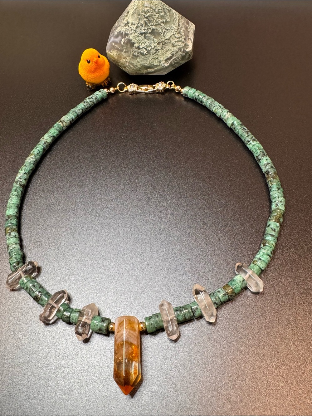 Handcrafted NaturalTurquoise Beaded Necklace with Citrine Pendant and Herkimer